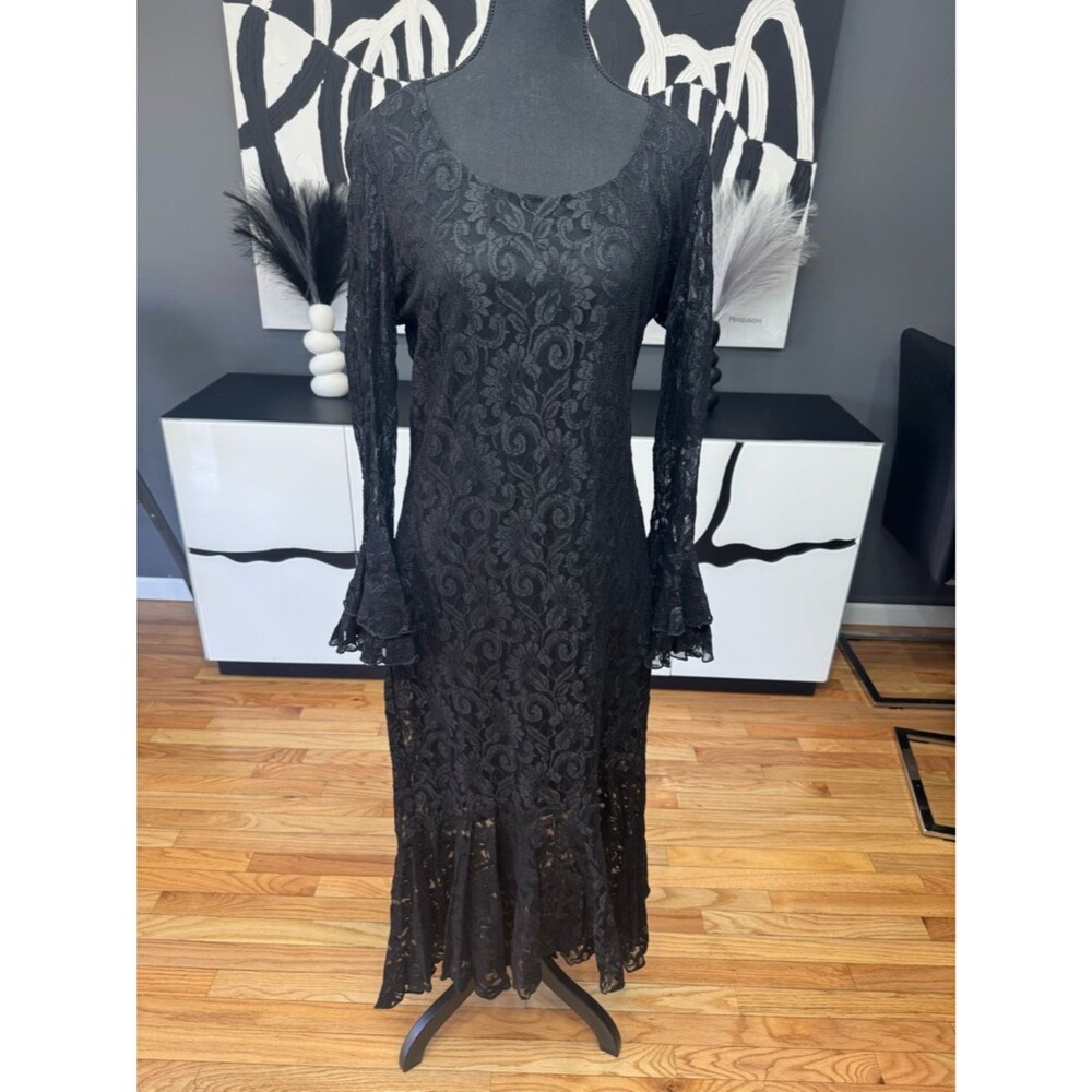 Onyx Nite Black Floral Lace Long Sleeve Midi Dress Women's 14 USA EUC